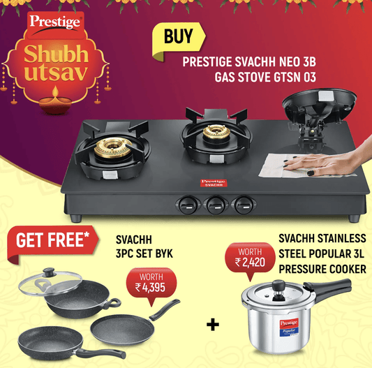 Prestige Svachh Neo Toughened Glasstop Gas Stove - GTSN 03, Svachh Granite Non-Stick 3-Piece Set Cookware and Popular Svachh Spillage Control Stainless Steel Pressure Cooker, 3 L