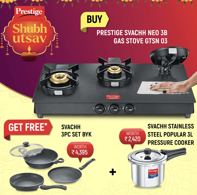 Prestige Svachh Neo Toughened Glasstop Gas Stove - GTSN 03, Svachh Granite Non-Stick 3-Piece Set Cookware and Popular Svachh Spillage Control Stainless Steel Pressure Cooker, 3 L-1