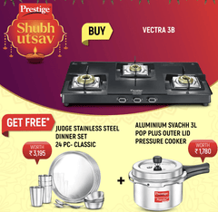 Prestige Vectra 3 Burner Glasstop Gas Stove with Judge by Prestige Classic Stainless Steel Dinner Set Set of 24 Pieces and Prestige Popular Plus Svachh Virgin Aluminium Spillage Control Pressure Cooker 3 L (Silver)-1