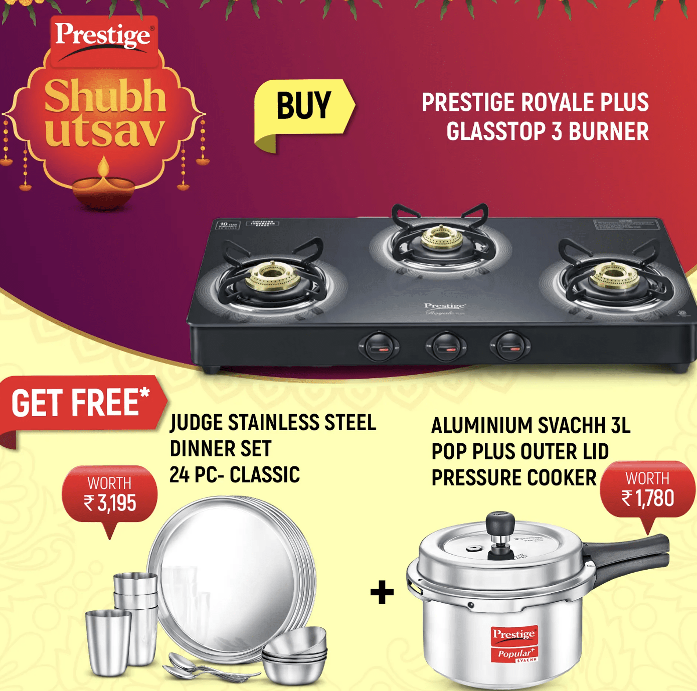 Prestige Royale Plus GT 03 Toughened Black Glass Top with Judge by Prestige Classic Stainless Steel Dinner Set Set of 24 Pieces and Prestige Popular Plus Svachh Virgin Aluminium Spillage Control Pressure Cooker 3 L (Silver)