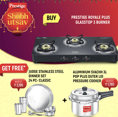 Prestige Royale Plus GT 03 Toughened Black Glass Top with Judge by Prestige Classic Stainless Steel Dinner Set Set of 24 Pieces and Prestige Popular Plus Svachh Virgin Aluminium Spillage Control Pressure Cooker 3 L (Silver)-1
