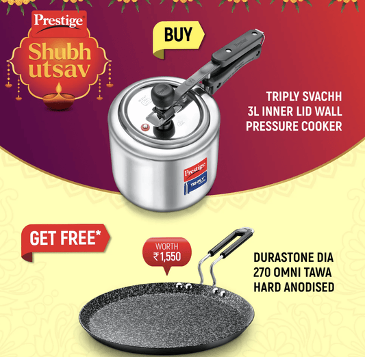 Prestige 3 L Tri-Ply Svachh Inner Lid Pressure Cooker and Durastone Hard Anodised 6 Layer Non-Stick Omni Tawa, 27 cm (Black)