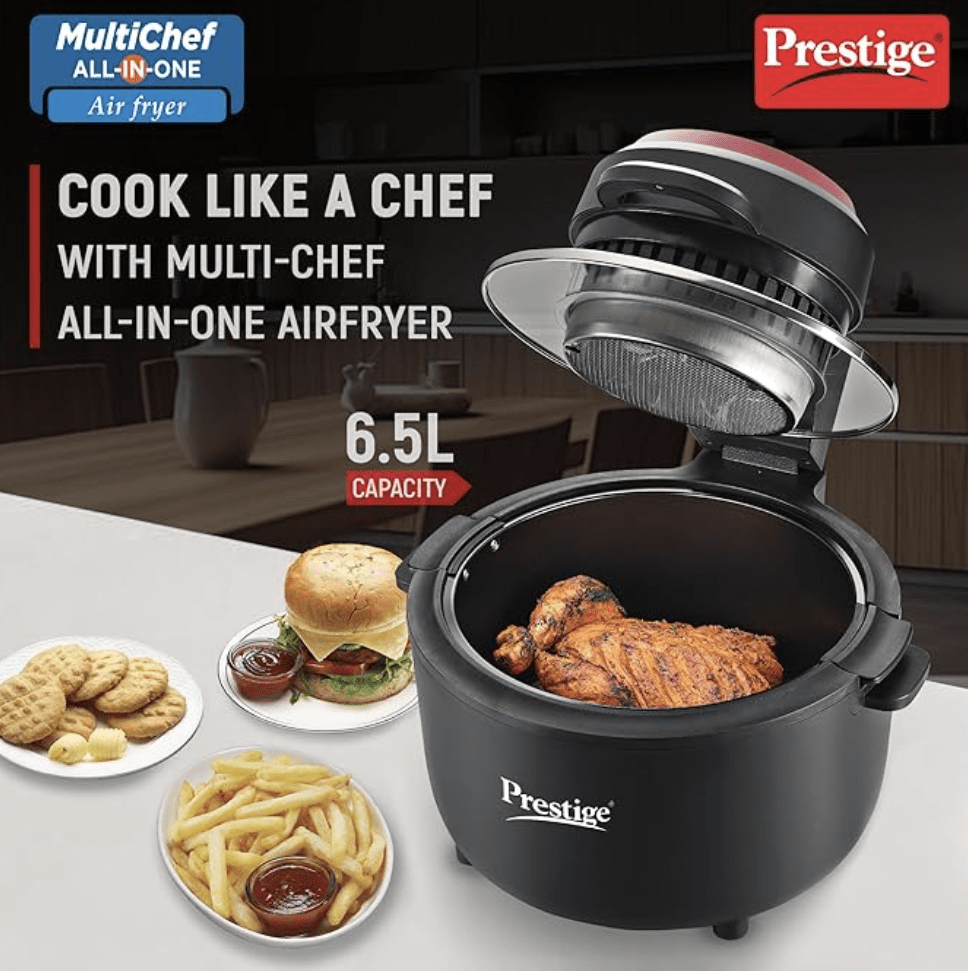 Prestige Multi-Chef All-in-One Air Fryer |80% less Oil Consumption|6.5L Capacity |1200 Watts Power|Airfry,Oven, Toast, Grill|See Through Lid|Advance Digital Display|Even Heat Distribution|Black
