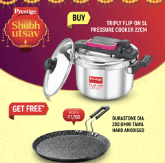 PRESTIGE FLIP-ON TRI-PLY STAINLESS STEEL PRESSURE COOKER 5 L 220m WITH GLASS LID and Durastone Hard Anodised 6 Layer Non-Stick Omni Tawa, 29 cm (Black)-1