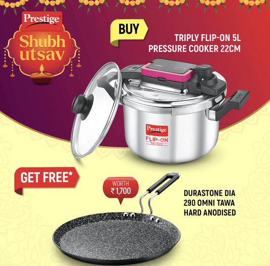 PRESTIGE FLIP-ON TRI-PLY STAINLESS STEEL PRESSURE COOKER 5 L 220m WITH GLASS LID and Durastone Hard Anodised 6 Layer Non-Stick Omni Tawa, 29 cm (Black)