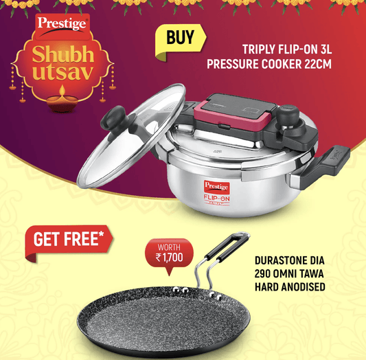PRESTIGE FLIP-ON TRI-PLY STAINLESS STEEL PRESSURE COOKER 3 L WITH GLASS LID and Durastone Hard Anodised 6 Layer Non-Stick Omni Tawa, 29 cm (Black)