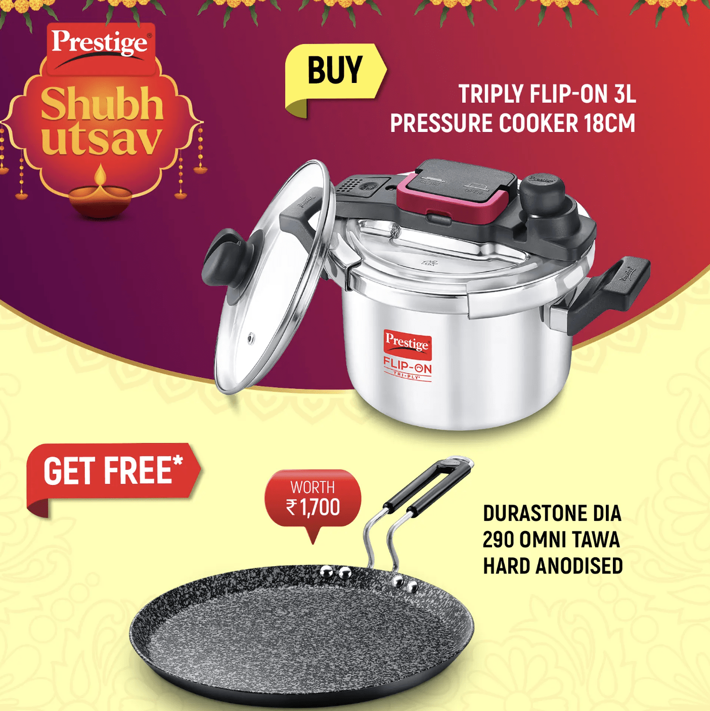 PRESTIGE FLIP-ON TRI-PLY STAINLESS STEEL PRESSURE COOKER 3 L 180m WITH GLASS LID and Durastone Hard Anodised 6 Layer Non-Stick Omni Tawa, 29 cm (Black)