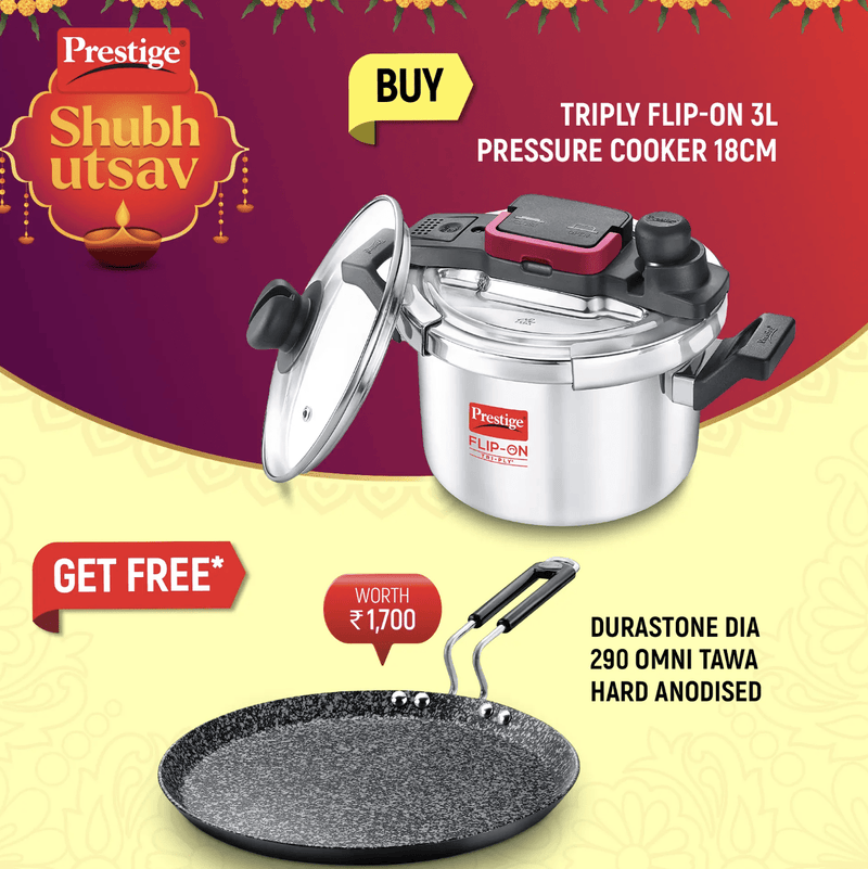 PRESTIGE FLIP-ON TRI-PLY STAINLESS STEEL PRESSURE COOKER 3 L 180m WITH GLASS LID and Durastone Hard Anodised 6 Layer Non-Stick Omni Tawa, 29 cm (Black)-1
