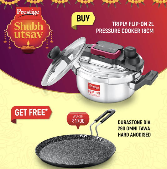 PRESTIGE FLIP-ON TRI-PLY STAINLESS STEEL PRESSURE COOKER 2 L 180m WITH GLASS LID and Durastone Hard Anodised 6 Layer Non-Stick Omni Tawa, 29 cm (Black)