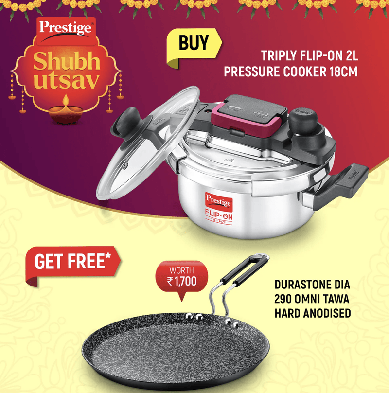 PRESTIGE FLIP-ON TRI-PLY STAINLESS STEEL PRESSURE COOKER 2 L 180m WITH GLASS LID and Durastone Hard Anodised 6 Layer Non-Stick Omni Tawa, 29 cm (Black)-1