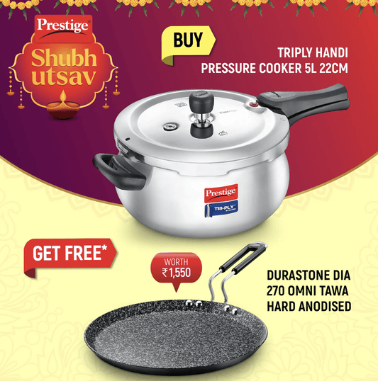Prestige Svachh Tri-Ply Handi Pressure Cooker 5 Litre and Durastone Hard Anodised 6 Layer Non-Stick Omni Tawa, 27 Cm (Black)