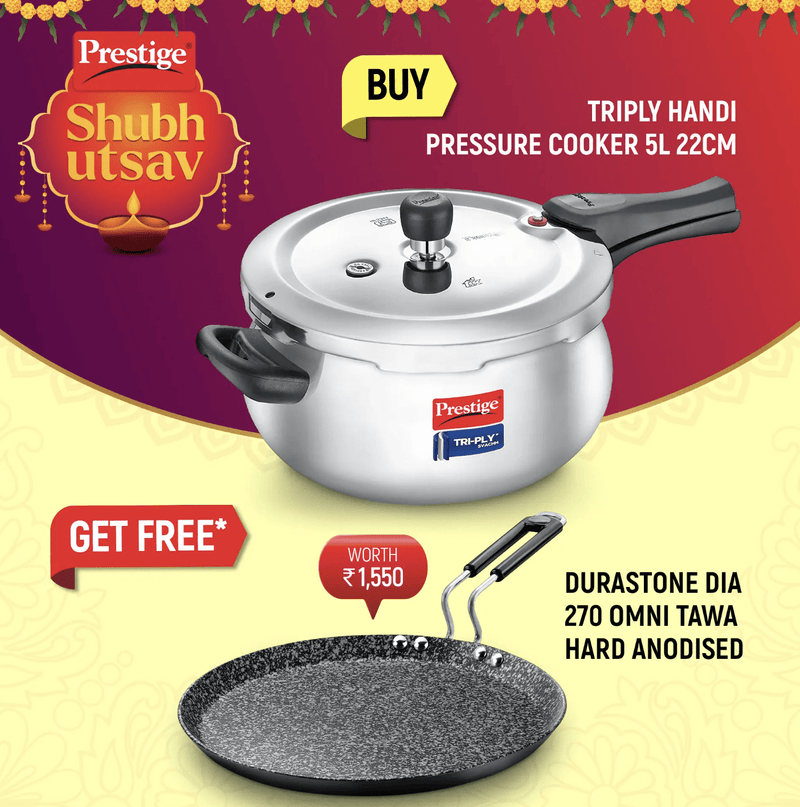 Prestige Svachh Tri-Ply Handi Pressure Cooker 5 Litre and Durastone Hard Anodised 6 Layer Non-Stick Omni Tawa, 27 Cm (Black)-1