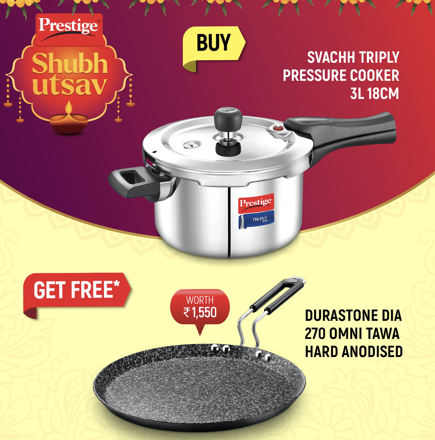 Prestige Svachh Triply Outer Lid Pressure Cooker with Unique Deep Lid for Spillage Control, 3 Litre, Silver and Durastone Hard Anodised 6 Layer Non-Stick Omni Tawa, 27 cm (Black)