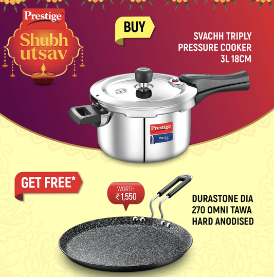 Prestige Svachh Triply Outer Lid Pressure Cooker with Unique Deep Lid for Spillage Control, 3 Litre, Silver and Durastone Hard Anodised 6 Layer Non-Stick Omni Tawa, 27 cm (Black)