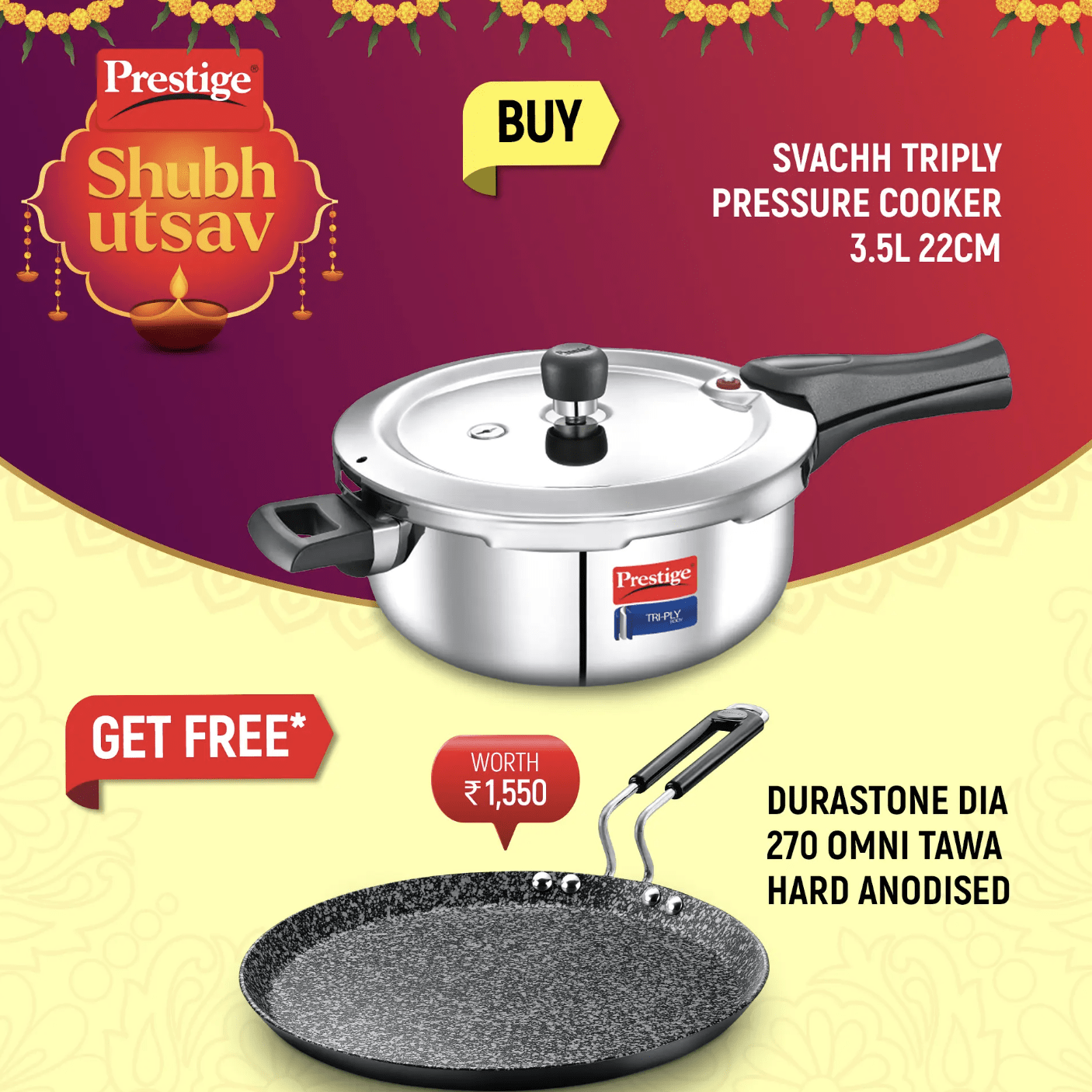 Prestige Svachh Triply Outer Lid Pressure Cooker with Unique Deep Lid for Spillage Control, 3.5 Litre, Silver and Durastone Hard Anodised 6 Layer Non-Stick Omni Tawa, 27 cm (Black)
