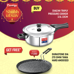 Prestige Svachh Triply Outer Lid Pressure Cooker with Unique Deep Lid for Spillage Control, 3.5 Litre, Silver and Durastone Hard Anodised 6 Layer Non-Stick Omni Tawa, 27 cm (Black)-1