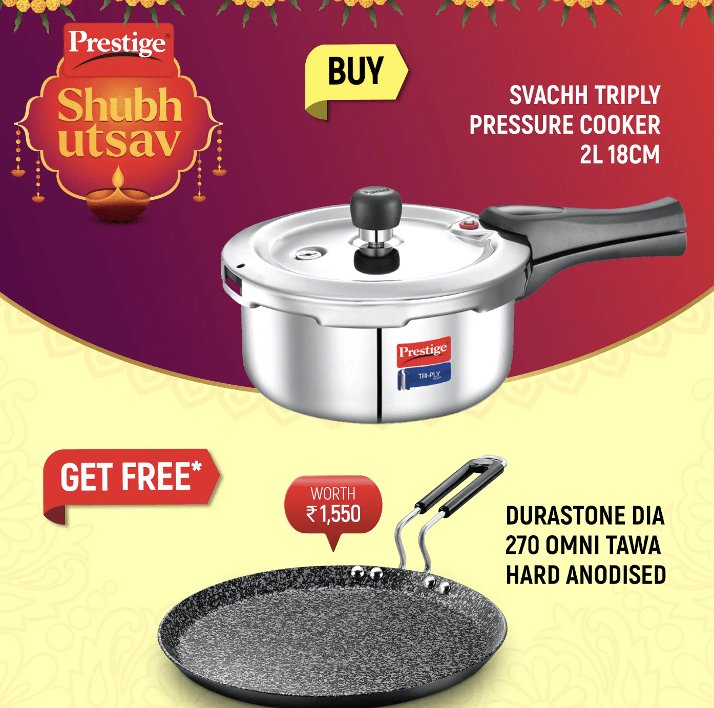 Prestige Svachh Triply Outer Lid Pressure Cooker with Unique Deep Lid for Spillage Control, 2 Litre, Silver and Durastone Hard Anodised 6 Layer Non-Stick Omni Tawa, 27 cm (Black)