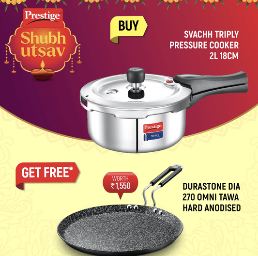 Prestige Svachh Triply Outer Lid Pressure Cooker with Unique Deep Lid for Spillage Control, 2 Litre, Silver and Durastone Hard Anodised 6 Layer Non-Stick Omni Tawa, 27 cm (Black)