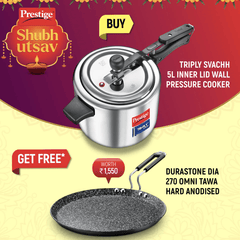Prestige 5 L Tri-Ply Svachh Inner Lid Pressure Cooker and Durastone Hard Anodised 6 Layer Non-Stick Omni Tawa, 27 cm (Black)-1