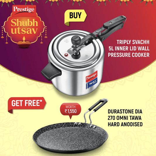 Prestige 5 L Tri-Ply Svachh Inner Lid Pressure Cooker and Durastone Hard Anodised 6 Layer Non-Stick Omni Tawa, 27 cm (Black)