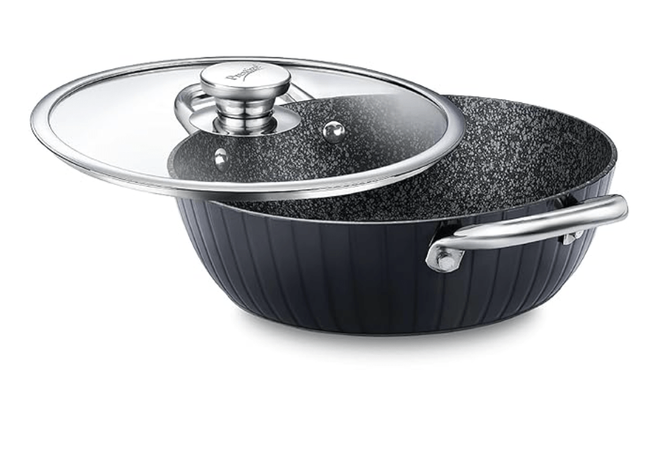 Prestige Durastone Hard Anodised 6 Layer Non-Stick Kadai with Glass Lid, (28 cm, 3.8 Litre) (Black)