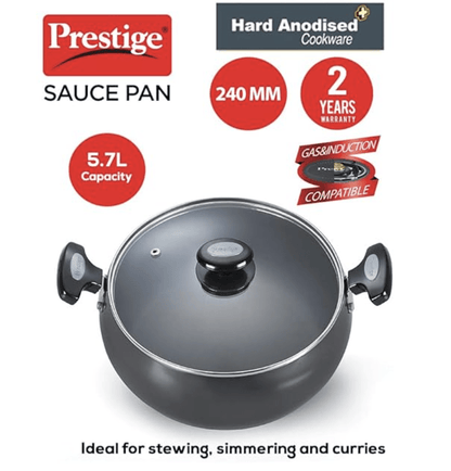 Prestige Hard Anodised Cookware Lifetime Induction Base Sauce Pan, 24cm, Black, Aluminium