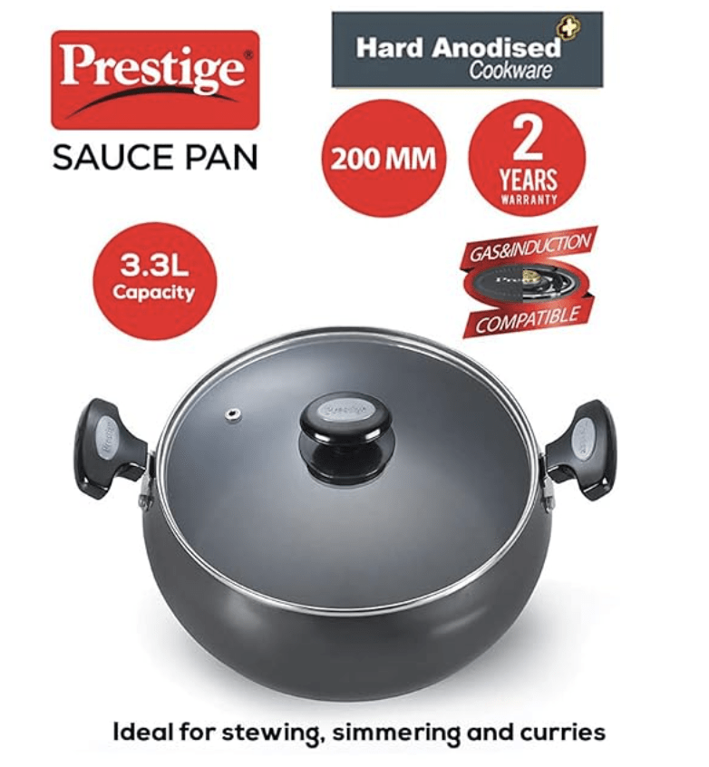Prestige Hard Anodised Cookware Lifetime Induction Base Sauce Pan, 20cm, Black, Aluminium