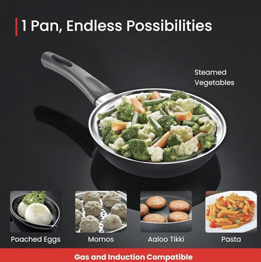 பிரெஸ்டீஜ் ஒமேகா டீலக்ஸ் கிரானைட் மல்டி-பான் குக்வேர் 20 செ.மீ. முட்டை போச்சர் 1 யூ, ஸ்டீமர் 1 யூ, கண்ணாடி மூடியுடன் (கருப்பு மற்றும் வெள்ளி) 