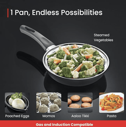 பிரெஸ்டீஜ் ஒமேகா டீலக்ஸ் கிரானைட் மல்டி-பான் குக்வேர் 20 செ.மீ. முட்டை போச்சர் 1 யூ, ஸ்டீமர் 1 யூ, கண்ணாடி மூடியுடன் (கருப்பு மற்றும் வெள்ளி) 