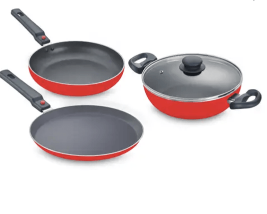 Prestige Omega Deluxe Special 3-Piece BYK Set (Fry Pan, Omni Tawa, Kadai with Glass Lid)