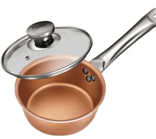 Prestige Cuprus Aluminium Gas and Induction Compatible Non-Stick Sauce Pan with Glass Lid, 16 cm, 1.1 L (Copper)