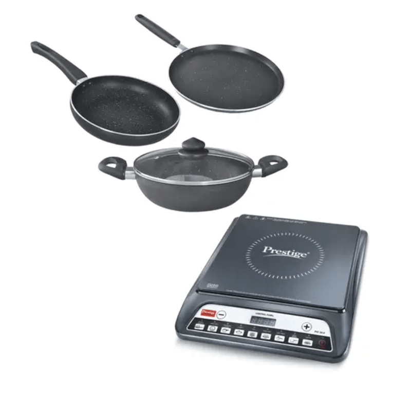 Prestige Omega Deluxe Granite Aluminium 3 Pc Kitchen Sets with PIC 20.0 Induction Cooktop 1600 W (Black)-1