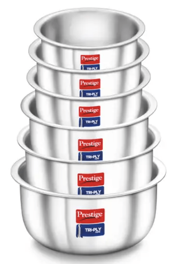 Prestige Tri-Ply Tope 6 Pcs Set, Tri-Ply Tope - 12 cm/0.8 L- 1 Unit, 14 cm/ 1.2 L -1 Unit, 16 cm/1.6 L - 1 Unit, 18 cm/ 2.2 L - 1 Unit, 20 cm/3.3 L - 1 Unit & 22 cm/4.2 L-1 Unit
