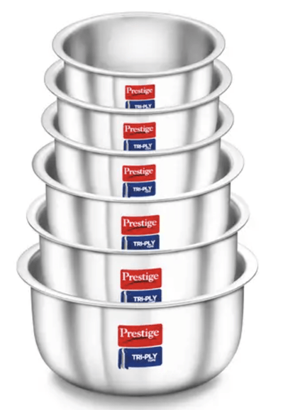 Prestige Tri-Ply Tope 6 Pcs Set, Tri-Ply Tope - 12 cm/0.8 L- 1 Unit, 14 cm/ 1.2 L -1 Unit, 16 cm/1.6 L - 1 Unit, 18 cm/ 2.2 L - 1 Unit, 20 cm/3.3 L - 1 Unit & 22 cm/4.2 L-1 Unit