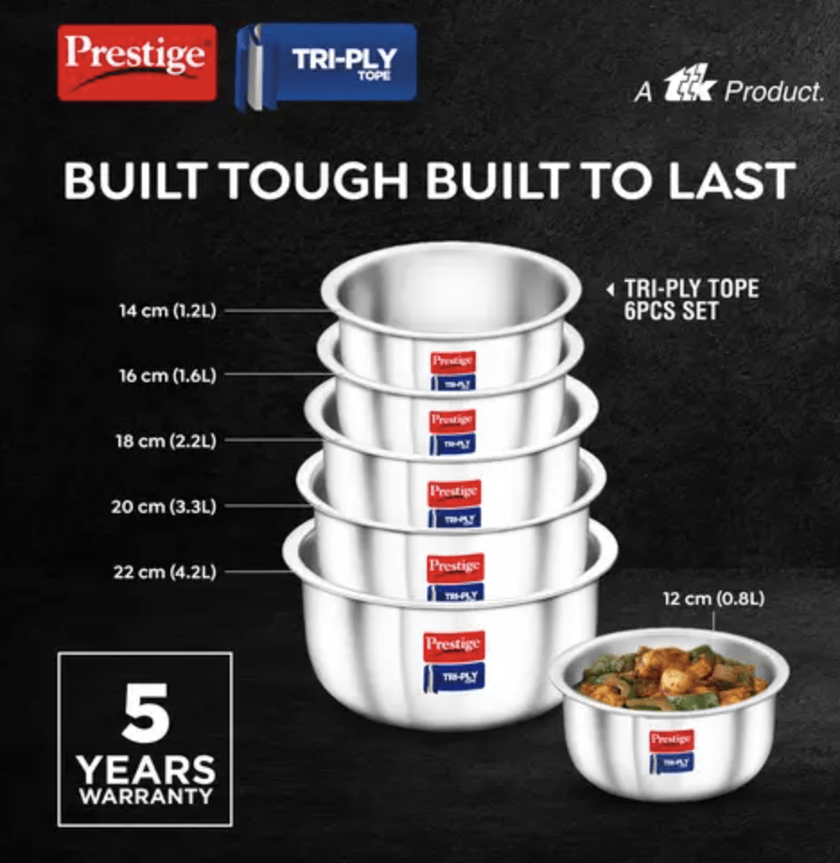 Prestige Tri-Ply Tope 6 Pcs Set, Tri-Ply Tope - 12 cm/0.8 L- 1 Unit, 14 cm/ 1.2 L -1 Unit, 16 cm/1.6 L - 1 Unit, 18 cm/ 2.2 L - 1 Unit, 20 cm/3.3 L - 1 Unit & 22 cm/4.2 L-1 Unit