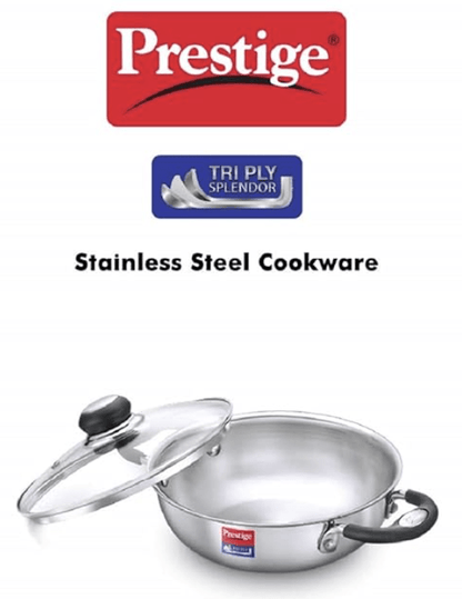 Prestige Tri-Ply Splendor Kadai with Glass Lid(20cm,1.6L Capacity)|Gas & Induction Compatible|Even Heat Distribution|Rust Proof|Perma Cool Handles|10 Years Warranty