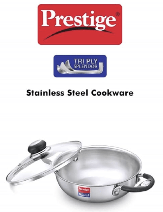 Prestige Tri-Ply Splendor Kadai with Glass Lid(20cm,1.6L Capacity)|Gas & Induction Compatible|Even Heat Distribution|Rust Proof|Perma Cool Handles|10 Years Warranty