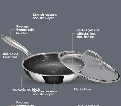 ARTTDINOX Stellar Stainless Steel Triply Frypan with Lid | Frying Pan | Etched nonstick PTFE | Non Stick Pan | Frying Pan Non Stick | Induction & Gas Base | Jindal Stainless, 22cm/1.5L, Silver