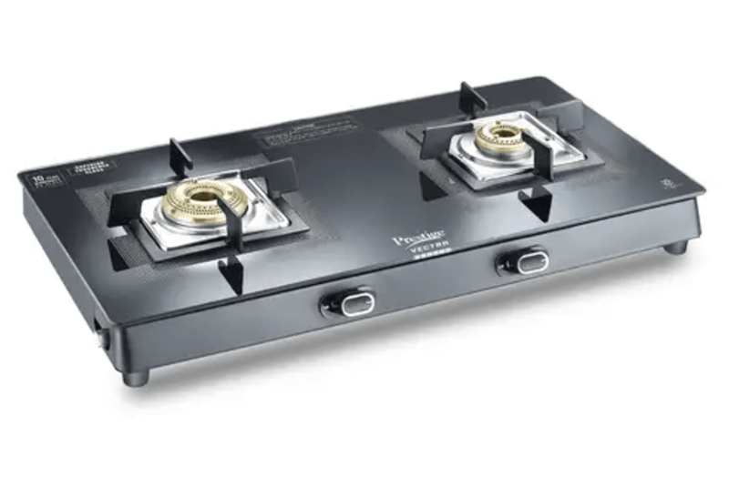 Prestige Vectra 2 Burner Glasstop Open Gas Stove|Superior Toughened Glass|Jumbo Brass Burner|3-Way Gas Inlet|360 Degree Revolving Nozzle|10 Years Warranty On Glass|Black-1