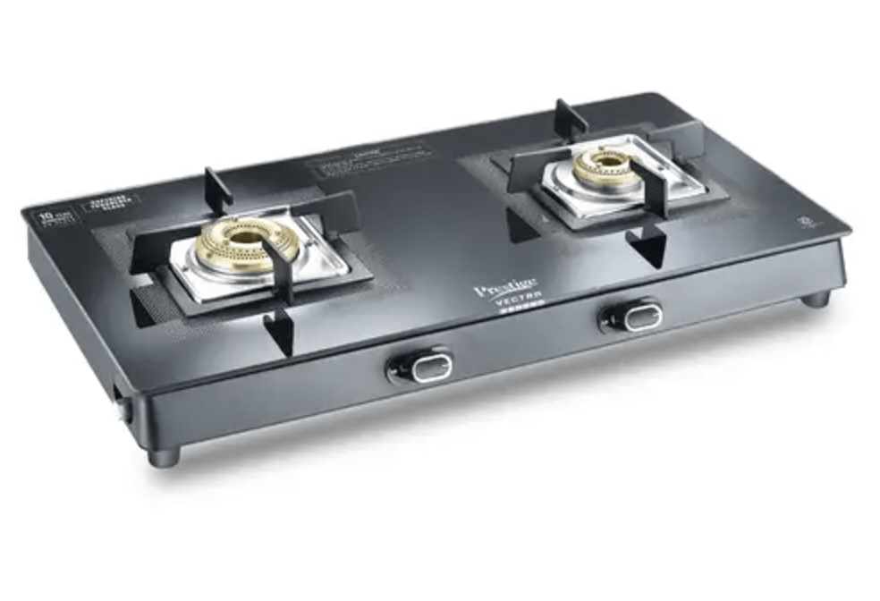 Prestige Vectra 2 Burner Glasstop Open Gas Stove|Superior Toughened Glass|Jumbo Brass Burner|3-Way Gas Inlet|360 Degree Revolving Nozzle|10 Years Warranty On Glass|Black