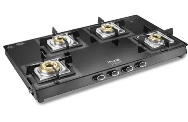 Prestige Vectra 4 Burner Glasstop Gas Stove|Superior Toughened Glass|Jumbo Brass Burner|3-Way Gas Inlet|360 Degree Revolving Nozzle|10 Years Warranty on Glass|Black,Manual-1