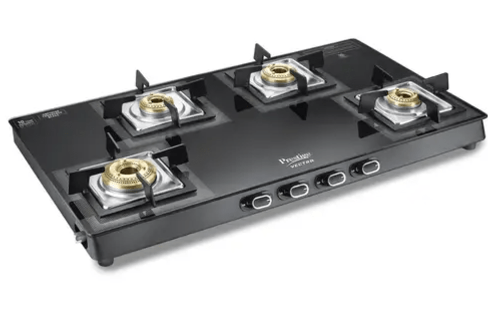 Prestige Vectra 4 Burner Glasstop Gas Stove|Superior Toughened Glass|Jumbo Brass Burner|3-Way Gas Inlet|360 Degree Revolving Nozzle|10 Years Warranty on Glass|Black,Manual
