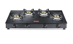 Prestige Magic plus Toughened Glass-Top(Long)4 Brass Burner LPG Gas Stove (GTMP-04L)| Black Spill Proof Design | Ergonomic Knob | Tri-Pin Burner-1