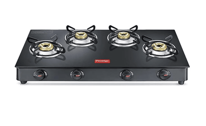 Prestige Magic plus Toughened Glass-Top(Long)4 Brass Burner LPG Gas Stove (GTMP-04L)| Black Spill Proof Design | Ergonomic Knob | Tri-Pin Burner