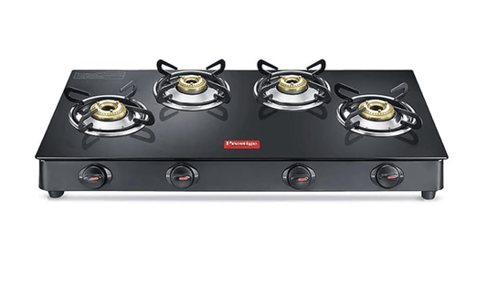Prestige Magic plus Toughened Glass-Top(Long)4 Brass Burner LPG Gas Stove (GTMP-04L)| Black Spill Proof Design | Ergonomic Knob | Tri-Pin Burner