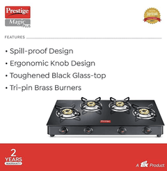 Prestige Magic plus Toughened Glass-Top(Long)4 Brass Burner LPG Gas Stove (GTMP-04L)| Black Spill Proof Design | Ergonomic Knob | Tri-Pin Burner-2