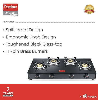 Prestige Magic plus Toughened Glass-Top(Long)4 Brass Burner LPG Gas Stove (GTMP-04L)| Black Spill Proof Design | Ergonomic Knob | Tri-Pin Burner