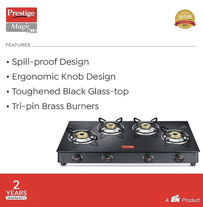 Prestige Magic plus Toughened Glass-Top(Long)4 Brass Burner LPG Gas Stove (GTMP-04L)| Black Spill Proof Design | Ergonomic Knob | Tri-Pin Burner-2
