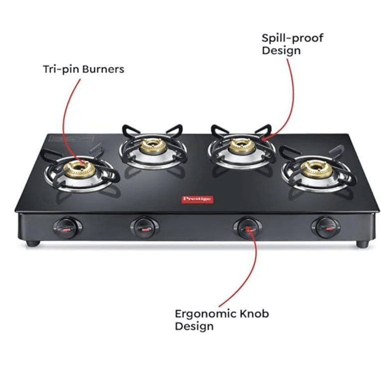 Prestige Magic plus Toughened Glass-Top(Long)4 Brass Burner LPG Gas Stove (GTMP-04L)| Black Spill Proof Design | Ergonomic Knob | Tri-Pin Burner