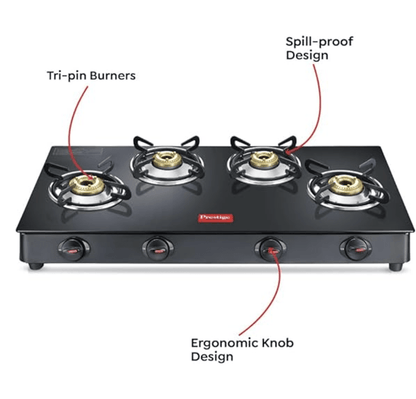 Prestige Magic plus Toughened Glass-Top(Long)4 Brass Burner LPG Gas Stove (GTMP-04L)| Black Spill Proof Design | Ergonomic Knob | Tri-Pin Burner